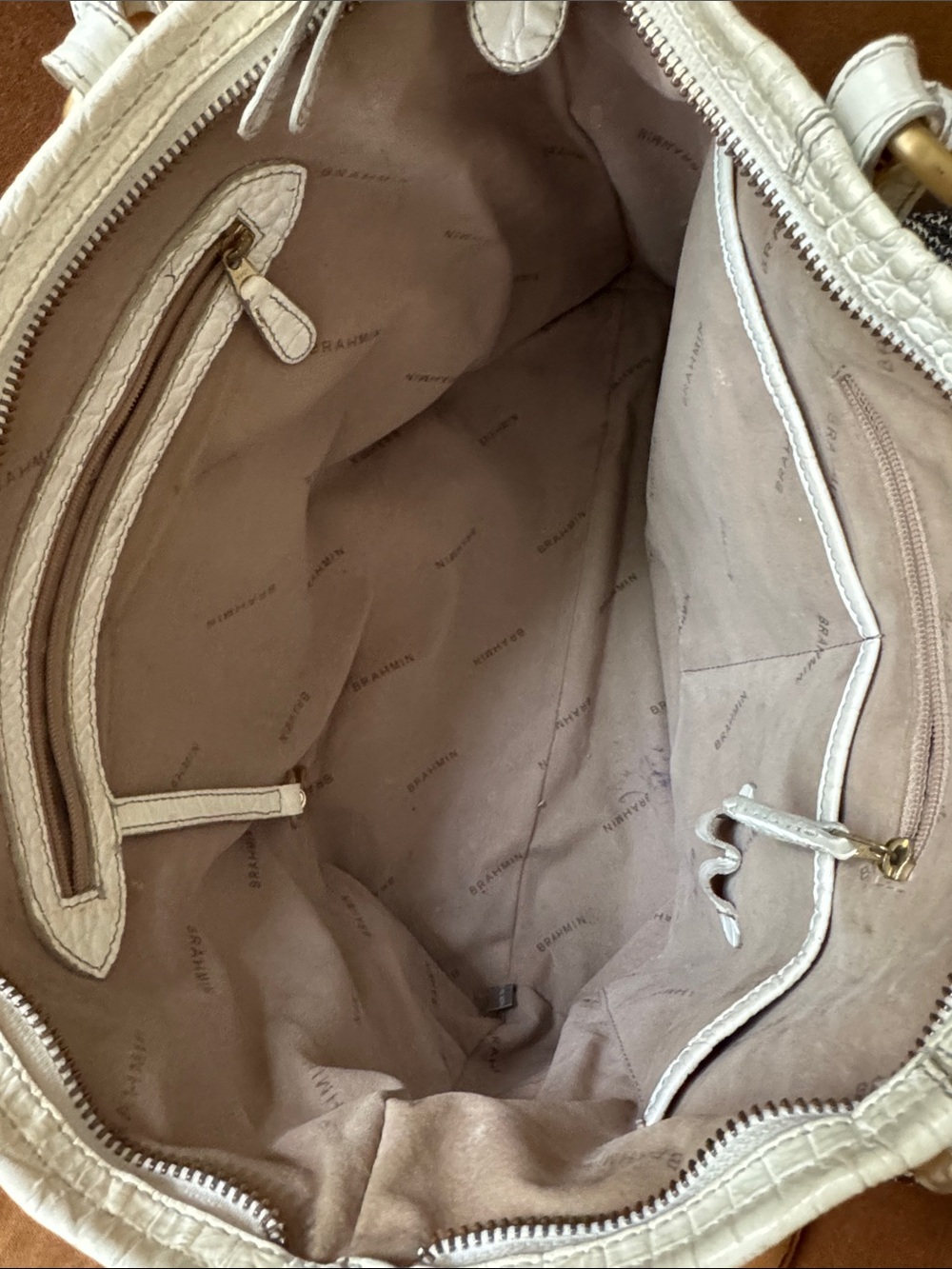 Brahmin Melbourne Croc Embossed Leather Tote Bag Linen Cream Gold - Picture 6 of 12